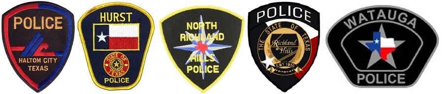 Haltom City Police Badge, Hurst Police Badge, North Richland Hills Police Badge, Richland Hills Police Badge, and Watauga Haltom City Police Badge, Hurst Police Badge, North Richland Hills Police Badge, Richland Hills Police Badge, and Watauga